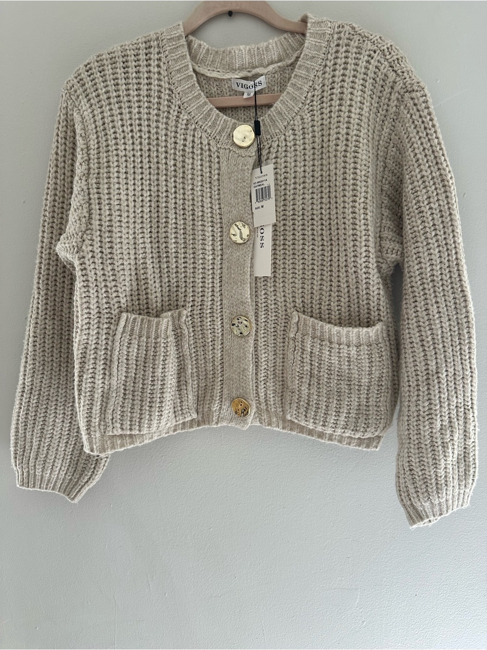 New Vigoss Beige / Cream Waffle Knit Sweater with Gold colored Buttons size M